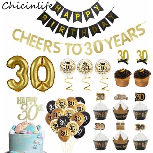 Chicinlife Gold 30 40 50 60 Years Old Banner Cupcake Toppers Balloon Glasses Adult Birthday Party 30th 40th 50th 60th Supplies