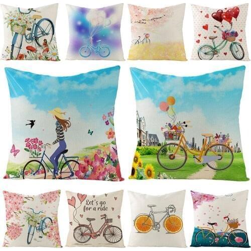 Flower Bike Balloon Print Linen Soft Throw Pillow Case Flowers Bicycle Linen Pillowcase Cushion Cover Sofa Decor