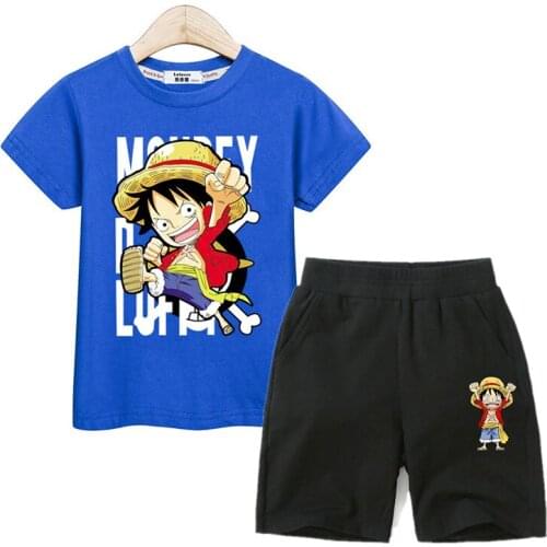 Boy Thin Cotton Clothing Luffy 2pc Set Kids Cartoon Anime T-shirt Pant Children Summer Suit Boys Short Sleeve Outfit