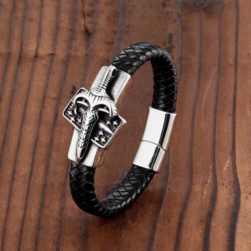 European and AMerican Style Angel of Evil Spirit Sword Stainless Steel Bracelet Black Real Leather Braided Rope Bracelet