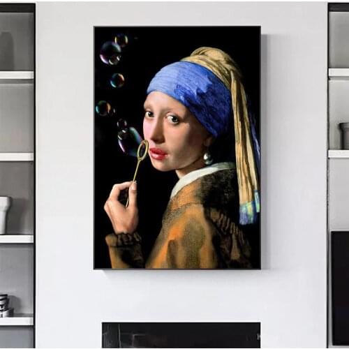 With Pearl Earrings Girl Blowing Bubbles Wall Art Canvas Painting and Creative Posters Prints Nordic for Living Room Home Decor