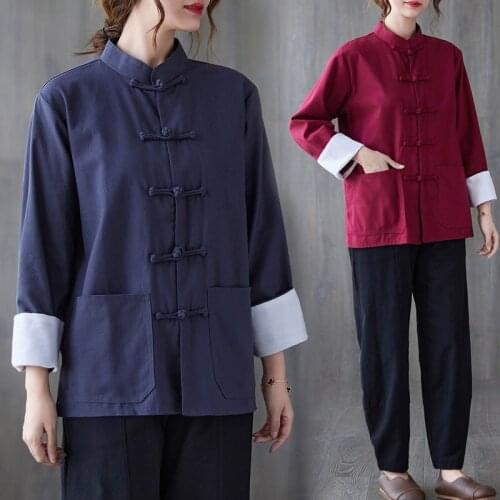 Autumn Winter Cotton and Linen Traditional Chinese Tai Chi Suit Long Sleeve Button Top Loose Tea Suit Men and Women