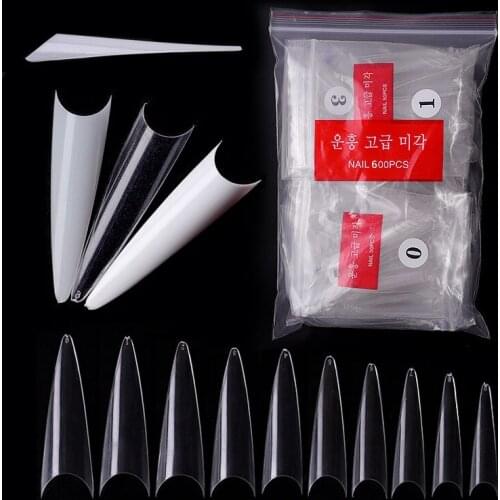 600pcs Stiletto False Nail Tips Gel Nails Extension System French Long Point Fake Nails Acrylic Manicure Design Salon DIY Tools