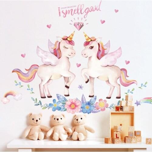 Dreamy Unicorn Lovely Flower Cluster Stickers Cartoon Wall Stickers Fo'r Living Room Bedroom Childrens Room Wall Art Mural