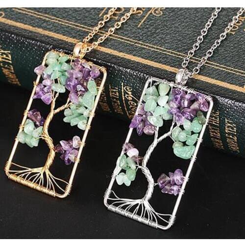Natural Stone Amethysts Gravel Square Tree Of Life Pendant Necklaces Women Men Crystal Quartz Choker Jewelry Boho