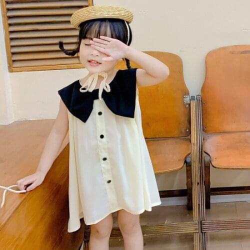 Girls Dress Girls 2021 Summer Sleeveless Dress Childrens Net Red Academy Style 1-Bow 2 Lapel 3 Single-breasted 4 Doll Dress