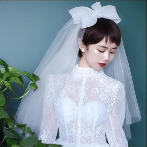 Bow Wedding Veil Short Soft Tulle Bridal Veils Two Layer Cheap Ivory White Bride Veils Wedding Accessories