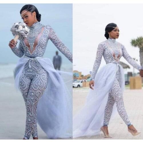 Wedding Jumpsuits With Detachable Train Wedding Dresses High Neck Beads Crystal Long Sleeves Modest Wedding Dress African Bridal