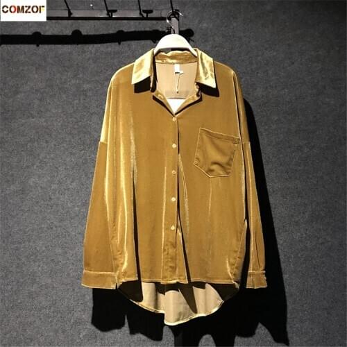 Vintage women velvet shirt irregularity long sleeve loose blusas 2020 spring velour shirts womens casual tops clothing