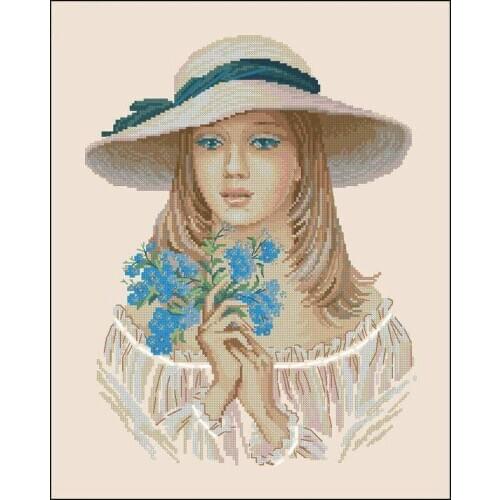 Top Quality Lovely Hot Sell Counted Cross Stitch Kit Forget Me Not Beautiful Girl Lady Woman with Blue Flowers riolis 100/045