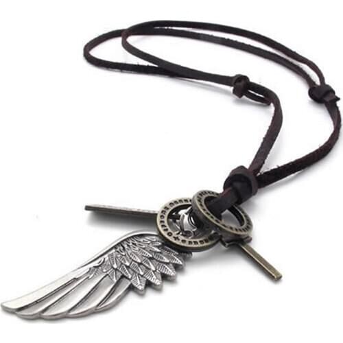 Jewelry Mens Womens Necklace, Angel Wings with Cross Pendant Leather Chain, Brown silver