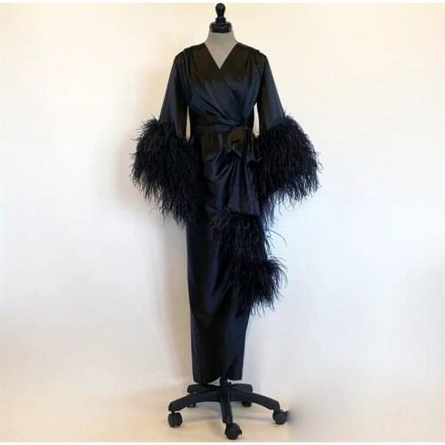 Luxury Feather Prom Pregnant Party Sleepwear Women Black Bathrobe Nightgown Maternity Dress Custom Made Evening Gown