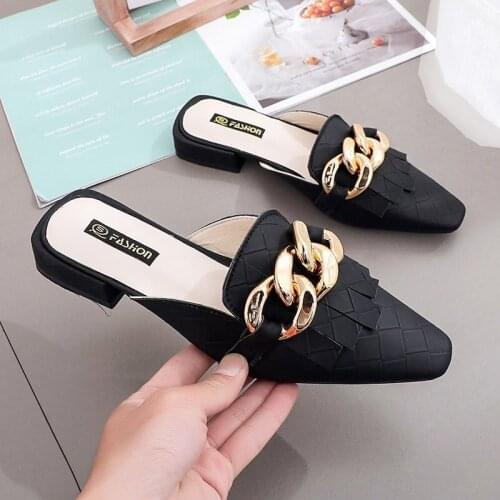 2021 spring new Korean style pointed toe Baotou slippers for womens outer wear fashion trendy soft leather metal chain sandals