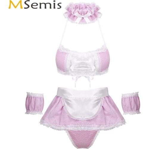 Women Erotic Anime Kawaii Maid Cosplay Costume Ruffle Plaid Baby Doll Schoolgirl Lingerie Set Lace-up Bra with Mini Thong Outfit