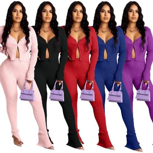 1L175 Autumn Winter Women Casual Outdoor Solid Pit Bar Two Piece Set Buttons Top and Split Pants Tracksuit Sweatsuit Outfits