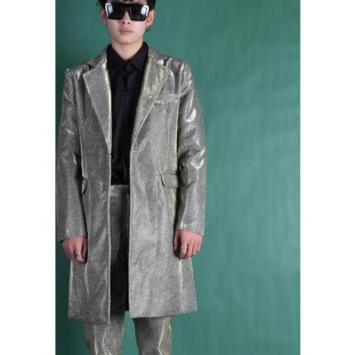 2020 New Champagne Glitter Pink Male Long Suit Nightclub Mens Stage Costumes Tide Slim Korean Blazer Men Casual Plus Size Suits