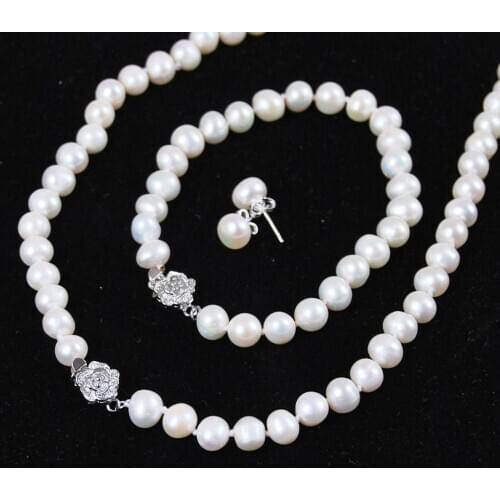 8-9mm White Akoya Cultured Pearl Jewelry Bracelet Necklace Earrings Set 18"7.5"