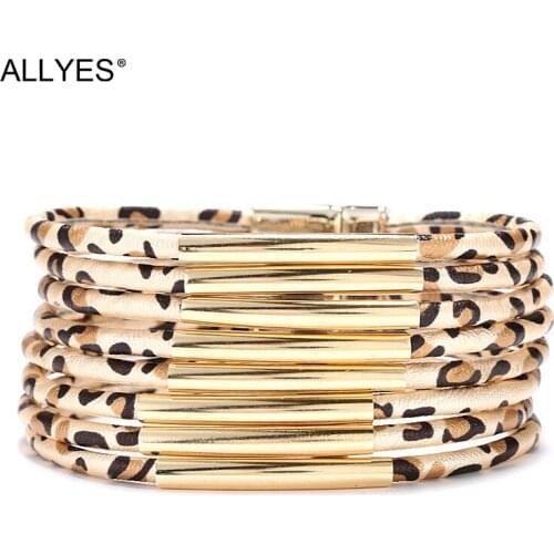 ALLYES Bohemian Leopard Pattern Leather Bracelets for Women Multilayer Metal Tube Charm Wrap Bangle Party Female Jewelry Gifts