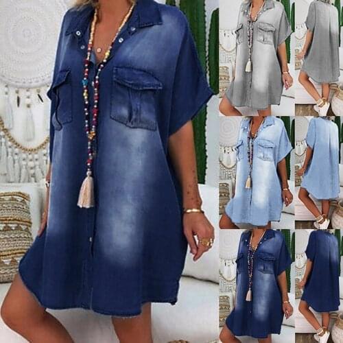 Womens Plus Size Asymetric Denim Dresses Batwing Short Sleeve Knee Length Dress Vestido Vestidos Sukienki Elbise Jurken