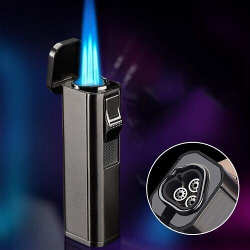 Metal Windproof Cigar Butane Lighter Gas Lighters Cigar Cutter Three Jet Torch Spray Gun Blue Flame Fierce firepower 1300 C