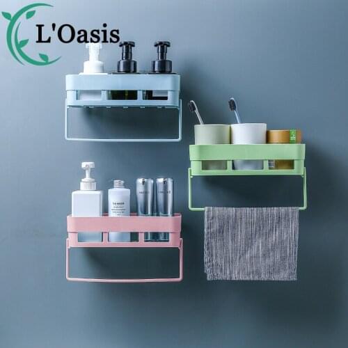 Wall-mounted creative household nail-free rectangular hollow-out storage rack with towel rack bathroom storage rack