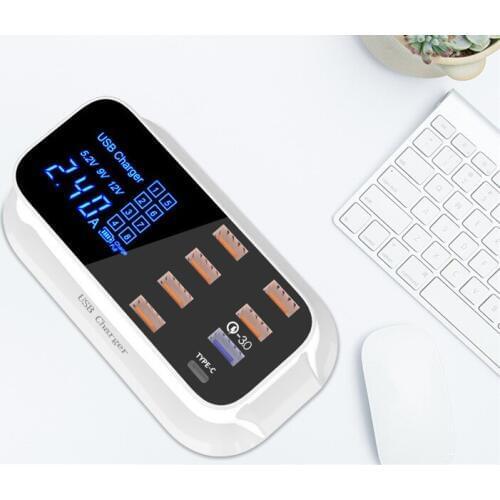 Multi USB Charger Desktop Quick Charge 3.0 USB Charger Station Dock LED Display Smart USB Type C 8 Ports Charger Hub