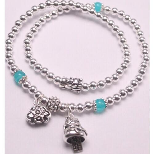Real Silver 925 Bracelet Chain For Women Girl Silver Small Beads Amazonite Beads Lucky Bracelet Charms Cat