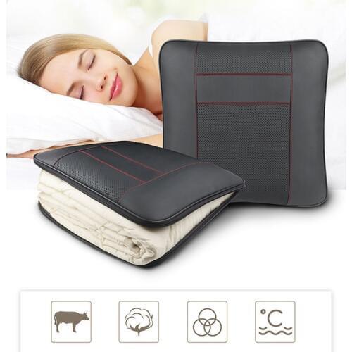 Luxury Genuine Leather Car Blanket and Pillow Set for Kids Sleeping Detachable Car Back Support for Car Seat Long Travel