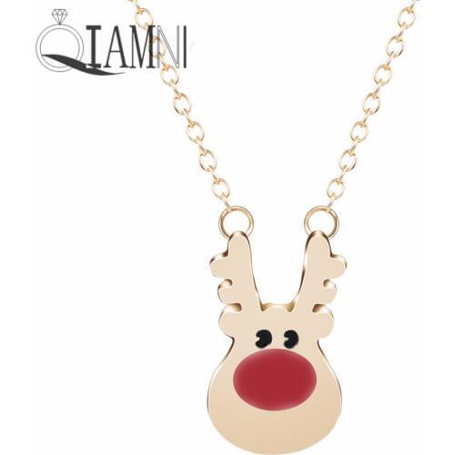 QIAMNI Lovely Rudolph Reindeer Animal Chain Pendant Necklace for Women Girls Minimalist Jewelry Christmas Gift Accessories