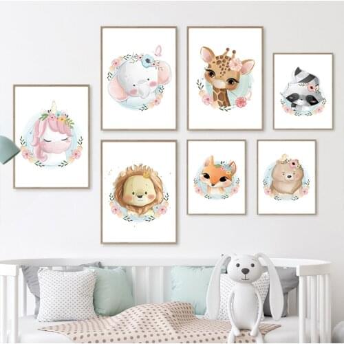 Elephant Lion Bear Fox Giraffe Raccoon Flowers Nordic Posters And Prints Wall Art Canvas Painting Wall Pictures Kids Room Decor