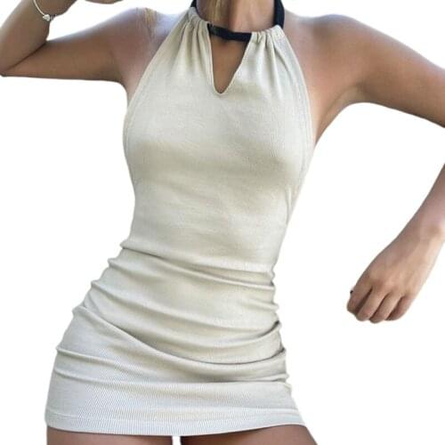 Women Sexy Halter Dress, Adults Sleeveless Backless Solid Color High Waist Tie Up One-piece Summer 2021 Evening Party