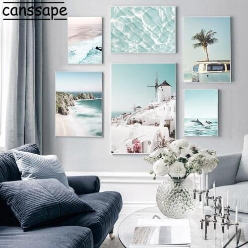 Beach Landscape Canvas Poster Coastline Art Print Dolphin Paintings Retro Bus Wall Pictures Nordic Posters Home Decoration