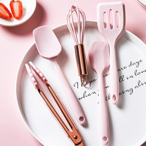 Silicone Kitchenware Cooking Utensils Set kitchen non-stick cookware spatula colander mini baking tool Pink Handle Cooking Set