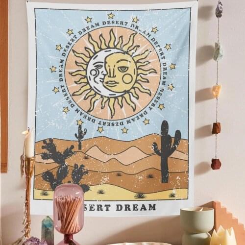 Tarot Sun Moon Tapestry Desert Cactus Pattern Wall Hanging Divination Mat Sun Moon Ouija Wall Decor Background Cloth