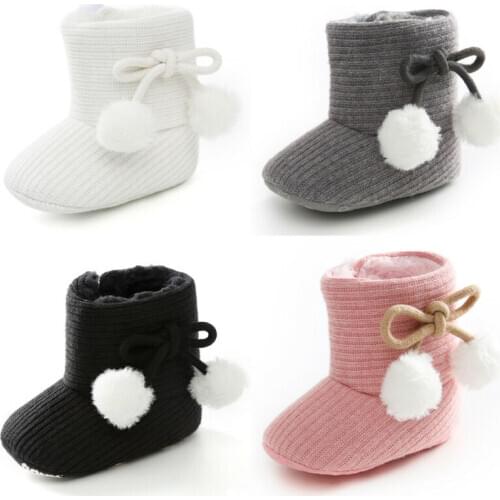 Lovely Newborn Baby Snow Boots Winter Warm Shoes Solid Toddler First Walkers With Ball Kids Knitted Shoes For Infant Girls Boys