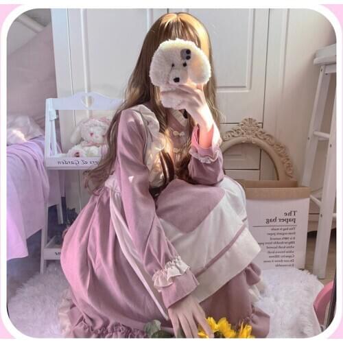 Japanese Sweet Soft Girl Dress New Autumn Fake Two Piece Ruffle Pink Kawaii Dress Cute Puff Sleeve Lolita Full Sleeve Lady Dress