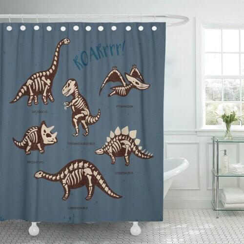 Skeleton Funny Sketchy Fossil Dinosaurs Text Roar Cartoon Dino Shower Curtain Waterproof Polyester Fabric 72 x 78 Inches Set
