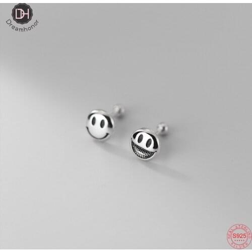 Dreamhonor Vintage 925 Sterling Silver Asymmetric Smiley Grimace Threaded Beads Stud Earrings For Women Jewelry