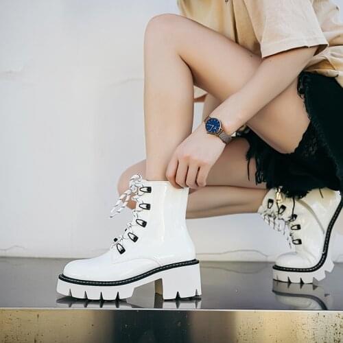 2021 Women Ankle Boots Leather Platform White Lace Up Motorcycle Boots Ladies Chunky Heel Autumn Winter Botines Female Shoes New