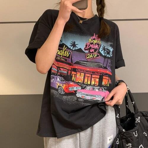 Retro Comics American Casual Style Woman Tshirts Oversized Loose Summer Girls Tee Tops O-Neck New Korean Fashion Kawaii Clothes