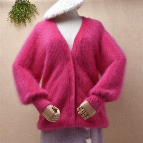 Pull rose ladies women hairy plush mink cashmere knitted v-neck long lantern sleeves loose cardigans angora fur jacket sweater