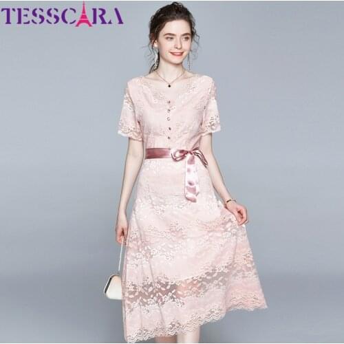 TESSCARA Women Summer Elegant Pink Lace Dress Festa High Quality Wedding Party Robe Femme Vintage Designer Evening Vestidos