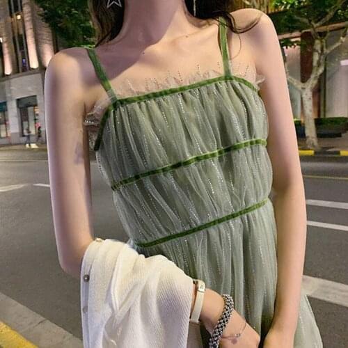 Summer 2020 Avocado Green Off Shoulder Dress Slim Spaghetti Strap Women Long Dresses Female Elegant Sexy Mesh Dress Beach Ruffle