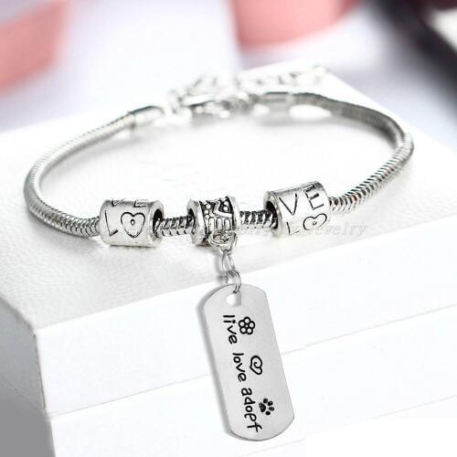 12PC/Lot Fashion Live Love Adopt Dog Tag Pet Rescue Bracelet Jewelry Charm Pet Lover Women Men Bracelets Gift Beads Chain Bangle