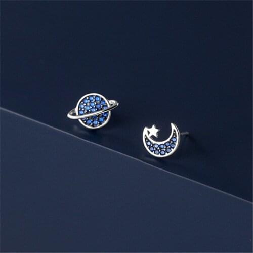 2021 New 925 Sterling Silver Universe Planet Star Moon Stud Earrings Female Asymmetry Blue Zircon Earrings For Women Temperament