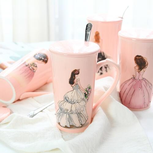 3D Pink Beautiful Girls in Diamond Wedding Dress Coffee Mug with Spoon Lid Water Tea Milk Cup Creative Gift