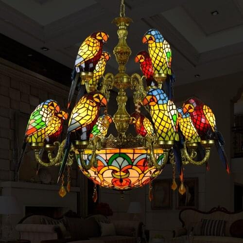 European style retro Tiffany Style Retro Luxury Parrot Bird Pendant Light Stained Glass Bar Living Room Parlor Hanging Lighting