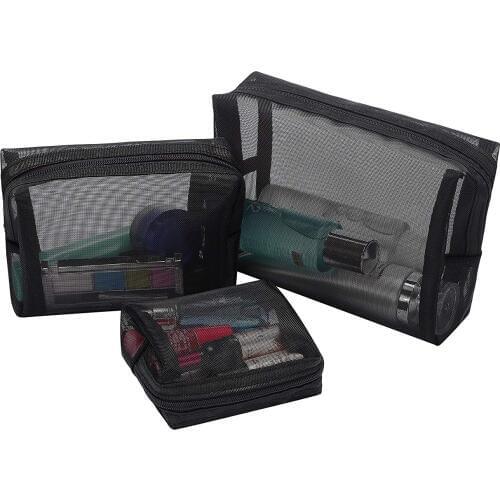 Black Mesh Makeup Bag See Through Zipper Pouch Travel Cosmetic and Toiletries Organizer Bags Pack of 3(S,M,L)