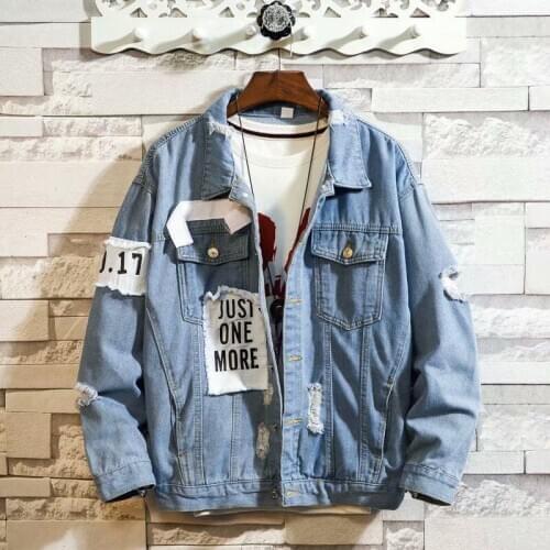 Spring Autumn 2020 Fashion Mens Ripped Hole Denim Jacket Mens Handsome Bf Wind Jacket Student Loose Coat