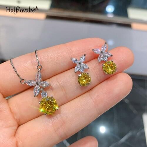 Hot Sale Korean Fashion Trend Art Xiaoqing New Yellow Diamond High Carbon Diamond Earring Necklace Jewelry Set Womens Jewelry